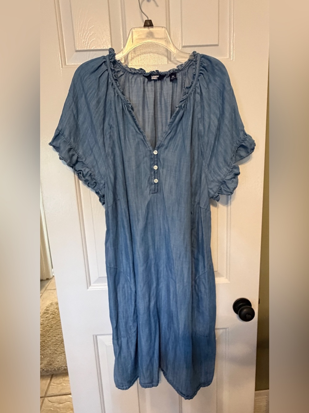 Lands’ End 2X Light Blue Short-Sleeve V-Neck Ruffle Trim Tunic Dress